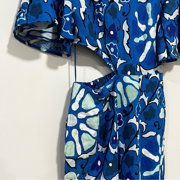 Women's Large Zinnia Floral Print Bell Sleeve Cut Out Jumpsuit RHODE Blue Size S - Picture 5 of 10